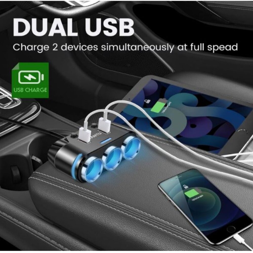 YANTU Cigarette Lighter Adapter & Splitter with 150W 3-Sockets & LED Ambient - Picture 4 of 5